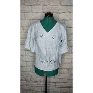 RICHARD Malcolm Womens Blouse Blue Floral Short Slit Sleeve Eyelet Irish Linen S